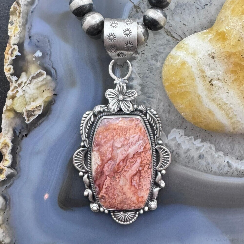 Sterling Southwestern Style Rectangular Red Plum Decorated Pendant For Women